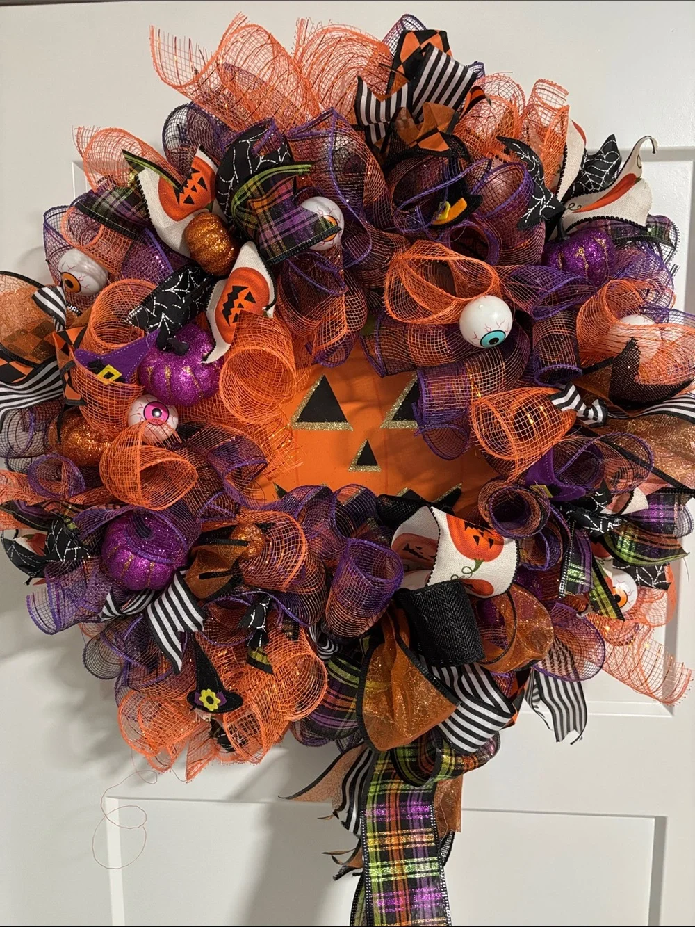 Hand Crafted Halloween Mesh Wreath in Orange, Purple & Black